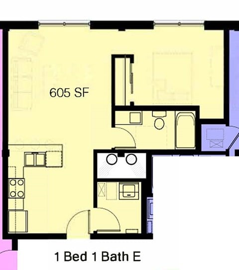Floor plan for 1 bed, 1 bath, 605 sqft